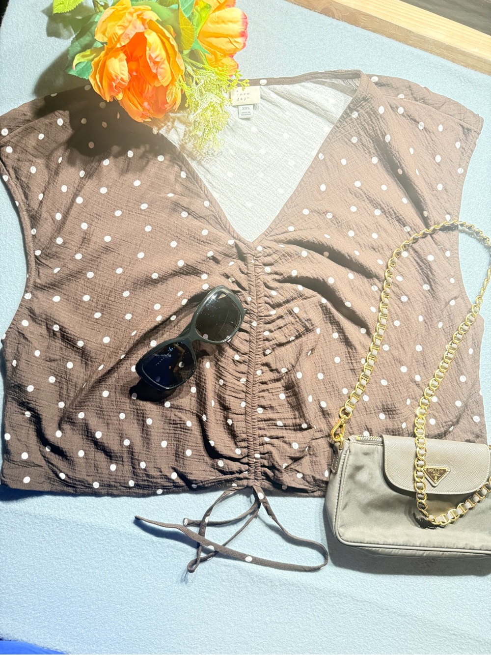 Ava & Viv Brown Polka Dot V-Neck Ruched Tie Crop Top # 0100